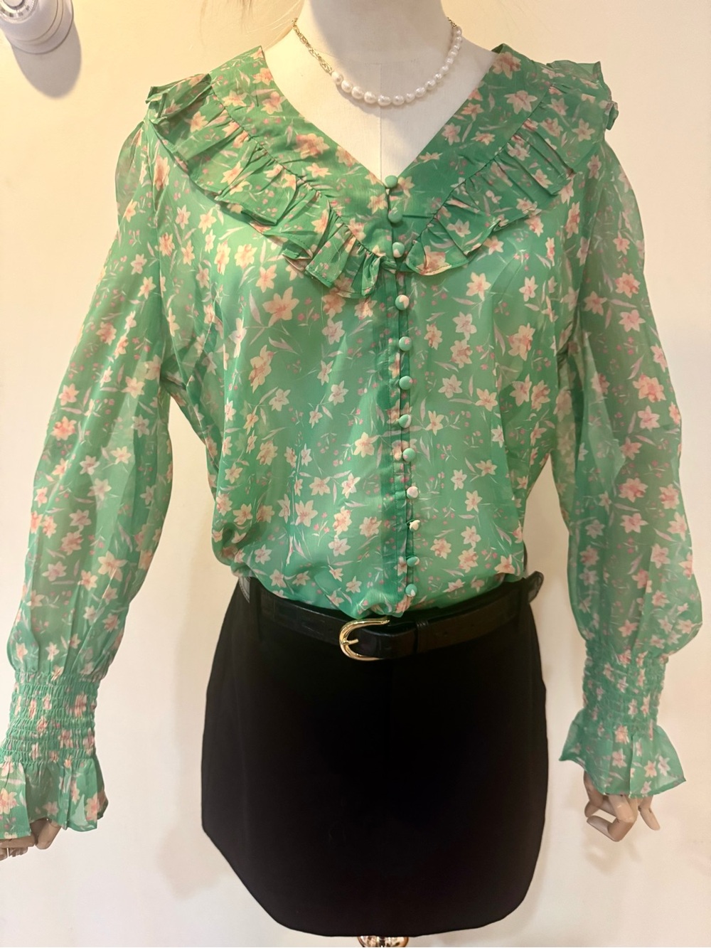 French Connection Vintage-Inspired Green Floral Ruffle Blouse